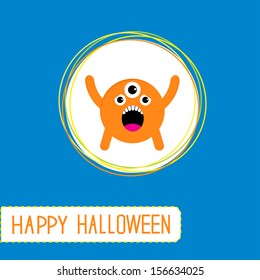 Cute cartoon orange monster. Orange background. Happy Halloween card. Vector illustration. 