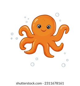 Cute cartoon orange octopus. Sea Animal Floating Underwater. Vector Illustration