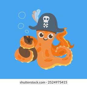 Cute cartoon of an orange pirate octopus with a skull hat and treasure bag, smiling underwater with bubbles on a blue background. Adventure and sea life concept.