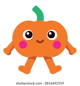 Cute cartoon orange pumpkin character with hands, legs, big eyes, and pink cheeks standing isolated on a transparent background, perfect for autumn harvest, thanksgiving, Halloween mascot, sticker, or kids design.