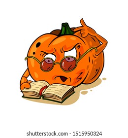Cute cartoon orange pumpkin in glasses reads magic book. Great character for halloween celebrated.