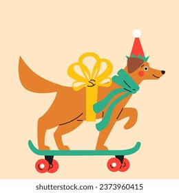 Cute cartoon orange puppy with a red hat and gold bow on skateboard. Hand drawn vector illustration. Funny Christmas dog character card template.