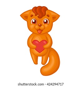 Cute cartoon orange smiling baby fox with heart