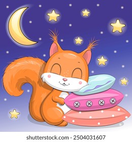 La ardilla naranja linda de la historieta está durmiendo en las almohadas. Ilustración vectorial nocturna de un roedor sobre un fondo azul oscuro con estrellas y luna.