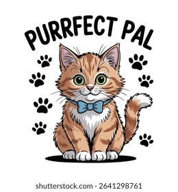 Cute cartoon orange tabby cat with big green eyes, wearing a blue bow tie, surrounded by paw prints and the phrase ‘Purrfect Pal’. Adorable pet-themed sticker design.