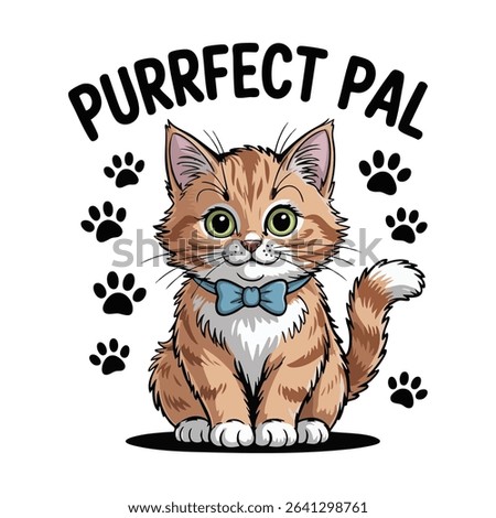 Cute cartoon orange tabby cat with big green eyes, wearing a blue bow tie, surrounded by paw prints and the phrase ‘Purrfect Pal’. Adorable pet-themed sticker design.