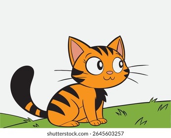 Cute cartoon orange tiger striped cat sitting on grass, with big eyes and playful expression. Perfect for kids content, illustrations, or pet themed designs and education.