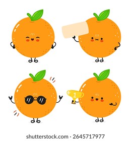 Cute cartoon Oranges displaying various emotions, including holding a sign and a trophy.