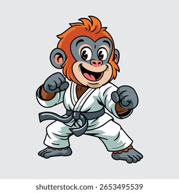Cute cartoon Orangutan dressed in a martial arts uniform, practicing karate with focus and precision character illustration