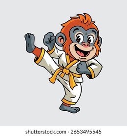 Cute cartoon Orangutan in a karate uniform performs a high kick martial arts character illustration