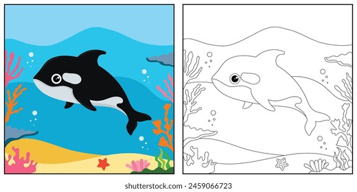 cute cartoon orca funny illustration, coloring book for kids and children.