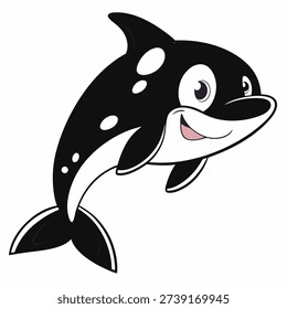 Cute cartoon orca smiling in side view. Friendly killer whale character in colorful comic style. Vector illustration isolated on white background. Suitable for children's books, sticker, logo.
