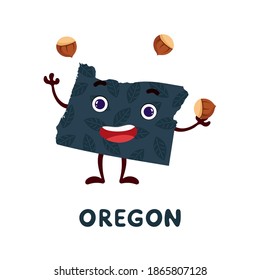 Cute Cartoon Oregon State Charakter Clip Art. Illustrierte Karte des Bundesstaates Oregon von USA mit Staatsnamen. Funny Charakter Design für Kinderspiel, Aufkleber, Karten, Poster. Vektorgrafik.