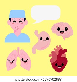 Cute cartoon organs set, with a doctor, happy smile, healthy vector