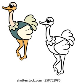 Cute cartoon ostrich. Coloring book. Vector illustration