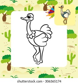 Cute cartoon ostrich. Coloring page. Vector illustration