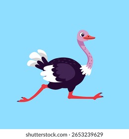 Cute cartoon ostrich in a running pose with vibrant colors and playful style. Ideal for children’s designs, educational content, and animal-themed illustrations