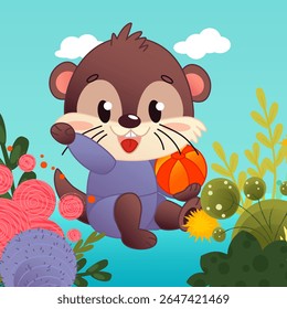 A cute cartoon otter with a beach ball sits on the bank of a colorful river surrounded by bright plants and trees. The background depicts the sky in soft pastel colors. Vector illustration