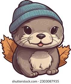 a cute cartoon otter in a blue hat, in the style of light amber and gray.