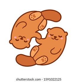 Cute cartoon otter couple holding hands. Kawaii little otters in love, vector clip art illustration.