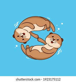 Cute cartoon otter couple holding hands. Kawaii little otters in love, vector clip art illustration