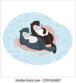 Cute cartoon otter couple holding hands. Valentine's Day greeting card illustration. Vector with cartoon otters and bubbles isolated. love sign with otters vector illustration