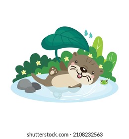  Cute  cartoon Otter floats on river.