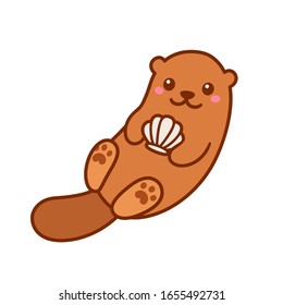 Cute cartoon otter holding seashell. Funny animal drawing in simple kawaii style. Vector character clip art illustration.