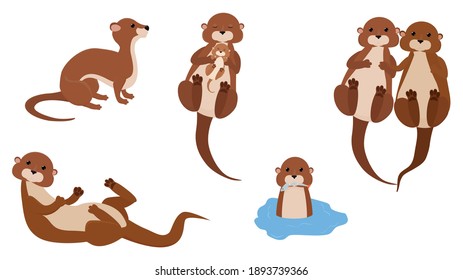 Cute cartoon otter mascot set, funny water animal character vector Illustration on white background