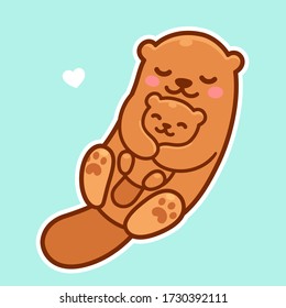 Cute cartoon otter mom hugging baby cub, Mother's Day drawing. Simple kawaii clip art illustration.