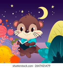 Uma bela lontra de desenho animado está lendo um livro na margem de um rio colorido cercado por plantas e árvores brilhantes. O fundo mostra um céu noturno com estrelas e lua. Ilustração vetorial