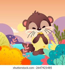 Uma bela lontra de desenho animado com uma concha fica na margem de um rio colorido cercado por plantas e árvores brilhantes. O fundo retrata um pôr do sol com cores pastel macias. Ilustração vetorial