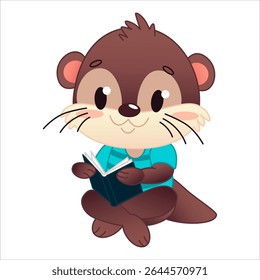 A cute cartoon otter sits cross-legged, reading a small book. The otter has brown fur, a cheerful expression, and wears a blue shirt.