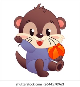 A cute cartoon otter sits holding an orange beach ball. The otter has brown fur, a cheerful expression and is dressed in a purple suit. Vector illustration