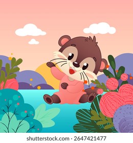 Uma bela lontra de desenho animado fica na margem de um rio colorido cercado por plantas e árvores brilhantes. O fundo representa um nascer do sol com cores pastel macias. Ilustração vetorial
