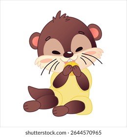 Cute cartoon otter sitting and holding a seashell in his paws. The baby is eating a mollusk. The otter has brown fur, a cheerful expression and is dressed in yellow pajamas. Vector illustration