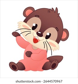 Cute cartoon otter sitting and waving his paws. The otter has brown fur, a cheerful expression and is dressed in pink pajamas. Vector illustration