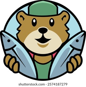 Cute cartoon otter wearing a hat, holding two fish, designed as a playful fishing-themed logo.