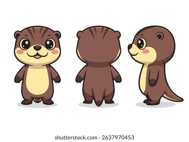 Cute Cartoon Otters Character Set - Front, Back, and Side View for Animation and Mascot. Vector illustraton