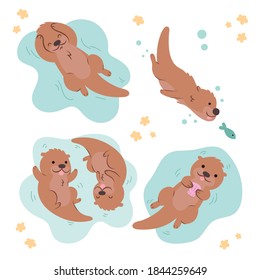 
Cute cartoon otters swimming (fishing, swimming with each other, trying to open a shell and scratching head)
