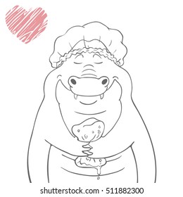 cute cartoon outline crocodile in shower cap and with shower puff on white background. children's illustration
