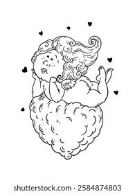 Cute cartoon outline cupid on cloud. Funny illustration for romantic design.