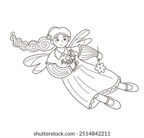 Lindo dibujo animado de flores de contorno de hada aislado en un fondo blanco. Contour para niños libro para colorear. Bonita fantasía volando elfa chica con alas. Personaje de los niños del Vector.