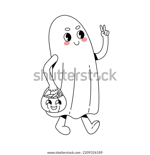 Cute Cartoon Outline Ghost Walking Tiny Stock Vector (Royalty Free ...