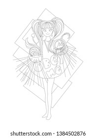 Cute cartoon outline vector illustration for coloring page. Cute Witch girl, doing magic with words Obey Me, vector coloring pages. Magic girl illustration