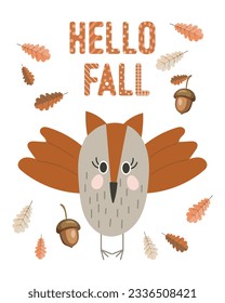 Cute cartoon owl, acorns, autumn leaves and text Hello fall. Doodle style illustration, kids print, vector	
