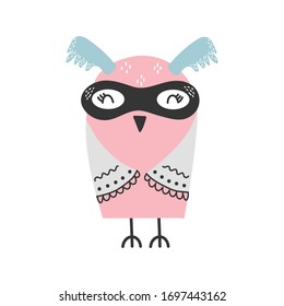 Cute cartoon owl animal. Superhero character, vector illustration.