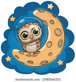 Cute Cartoon Owl astronaut on the moon on a space background