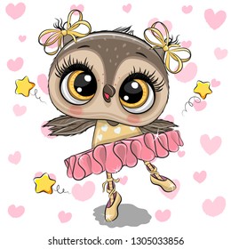 Cute Cartoon Owl Ballerina On A Hearts Background