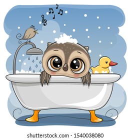 Cute cartoon Owl in the bathroom with a bird